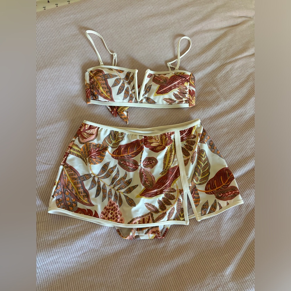 Sanctuary White Bikini with Rust and Olive Leaf Print